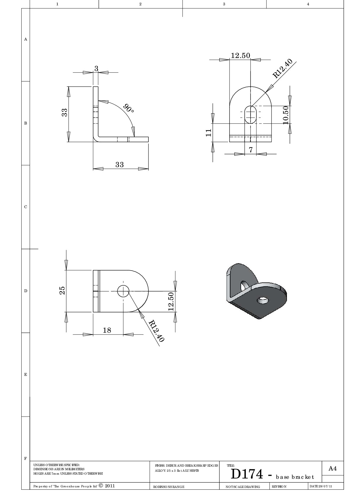Instructions file D174 - base / hanging basket bracket dimensions drawing