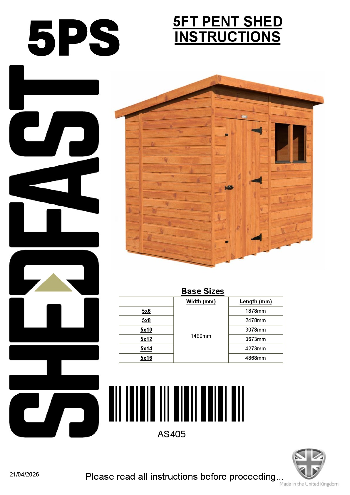 Instructions file 5ft Shedfast Pent Shed Instructions