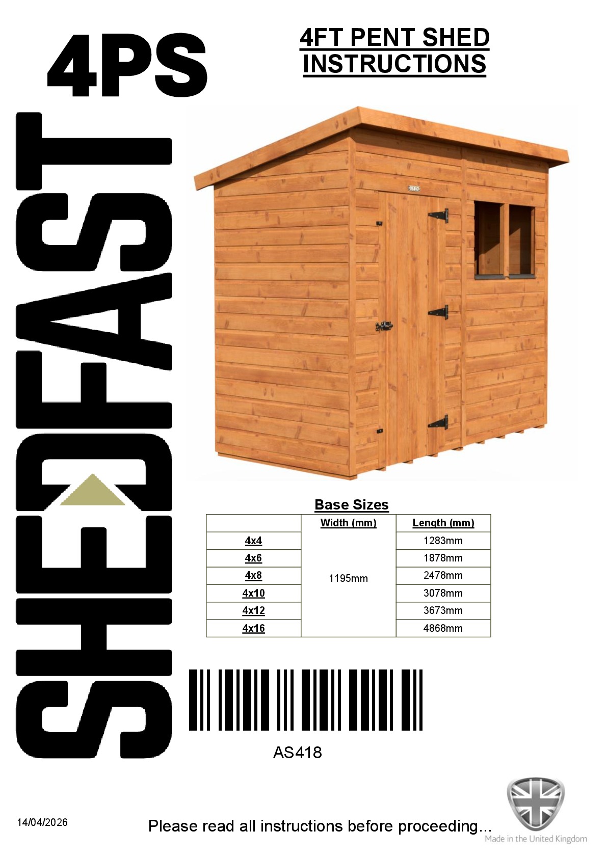 Instructions file 4ft Shedfast Pent Shed Instructions