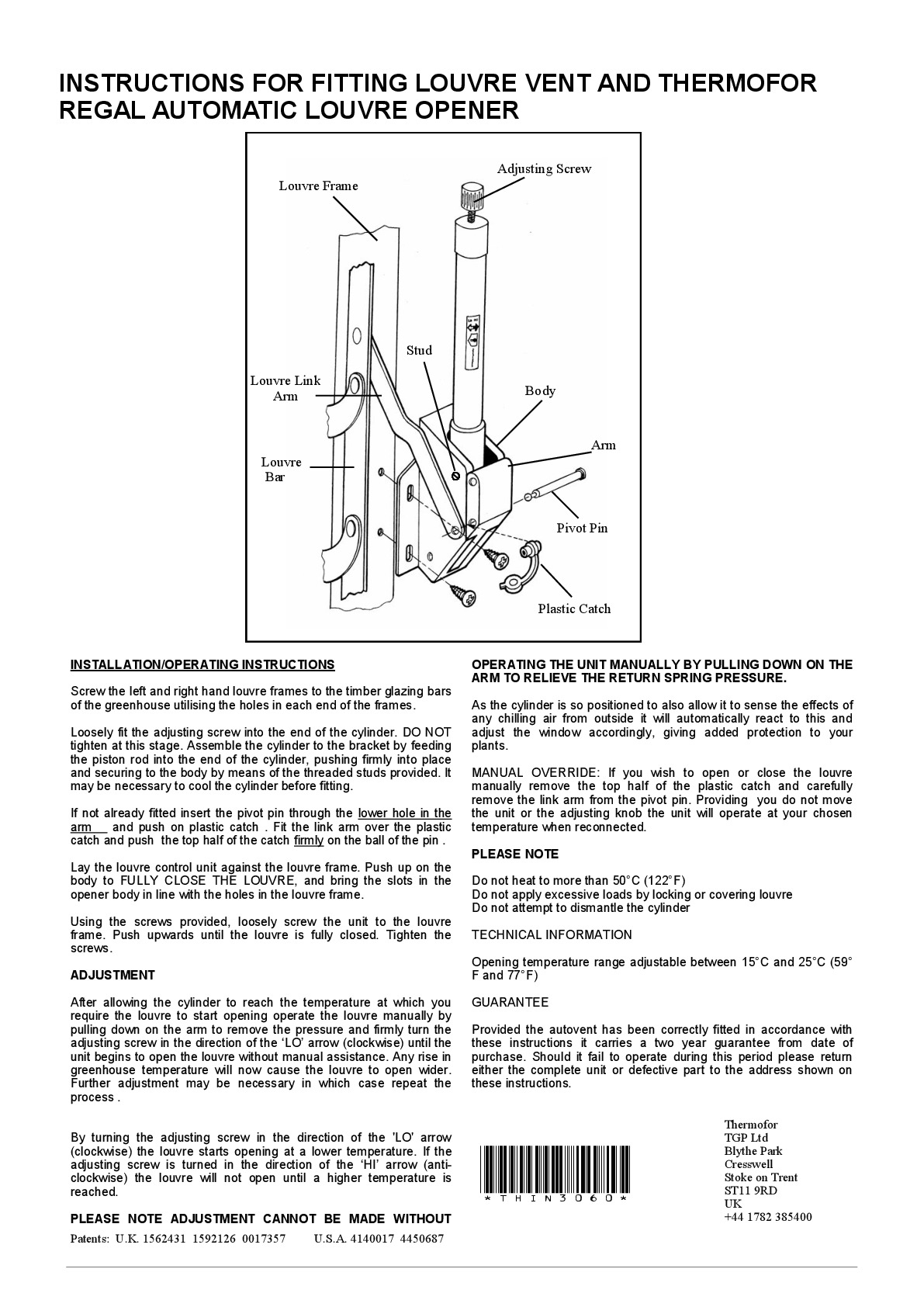 Instructions file Thermoforce Autolouvre Instructions